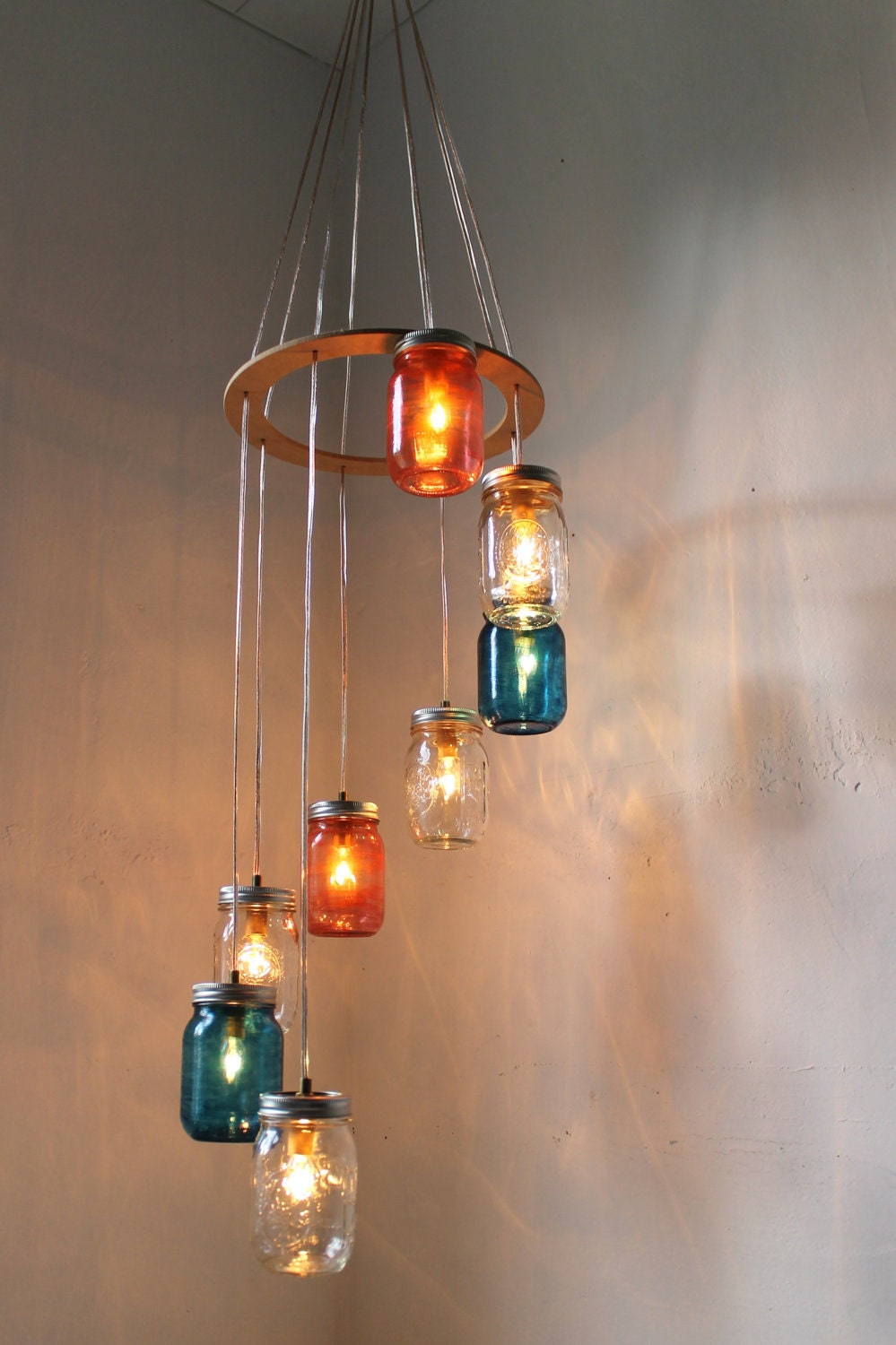 Red, White, Blue Mason Jar Lighting Chandelier Cascading Carousel Hanging Light - Rustic Industrial Eco Friendly Original BootsNGus Design