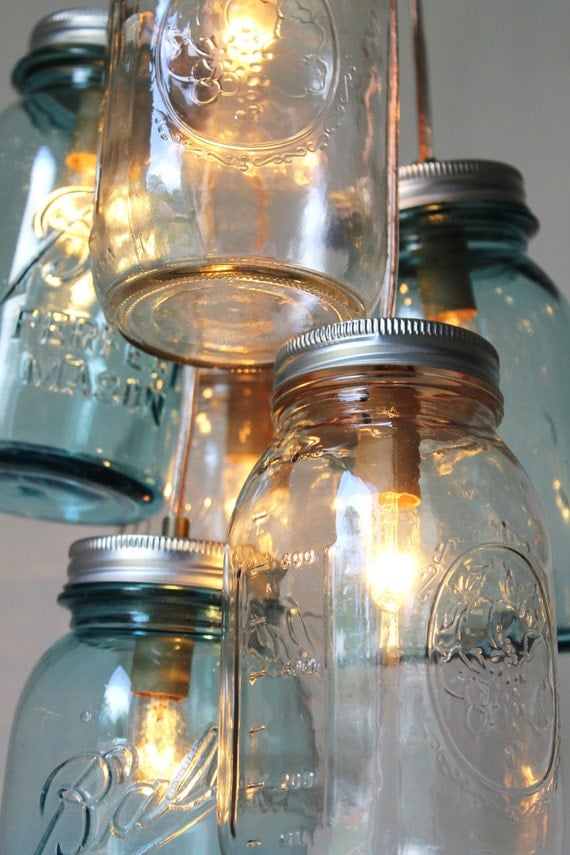 Mason Jar Chandelier - Mason Jar Light - Modern Industrial Ocean Sapphire - Handcrafted UpCycled BootsNGus Hanging Pendant Lighting Fixture