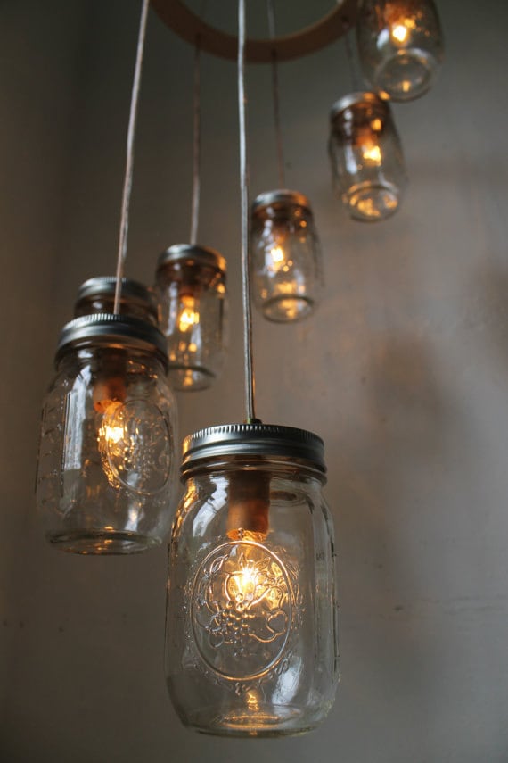 Spiral Carousel Mason Jar Chandelier - Mason Jar Lighting - Swag Lamp Handcrafted Upcycled BootsNGus Hanging Pendant Light Fixture