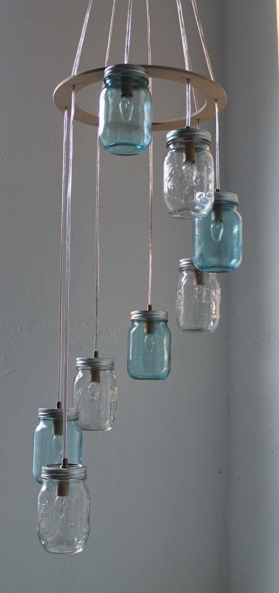 Waterfall Splash Mason Jar Chandelier - Cascading Spiral - Modern Industrial Swag - Handcrafted Upcycled BootsNGus Hanging Lighting Fixture