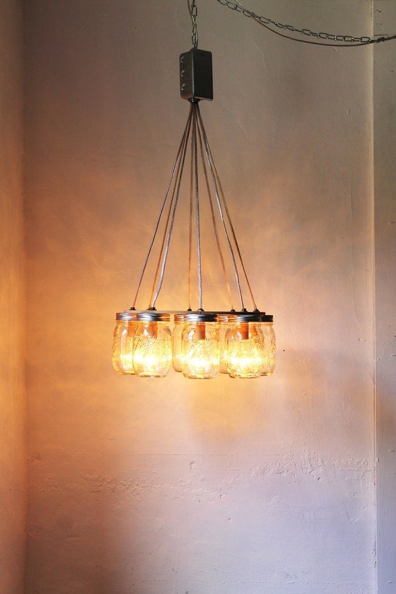 WAGON WHEEL Mason Jar Chandelier - Mason Jar Light - Industrial Swag - Handcrafted Upcycled BootsNGus Hanging Pendant Lighting Fixture