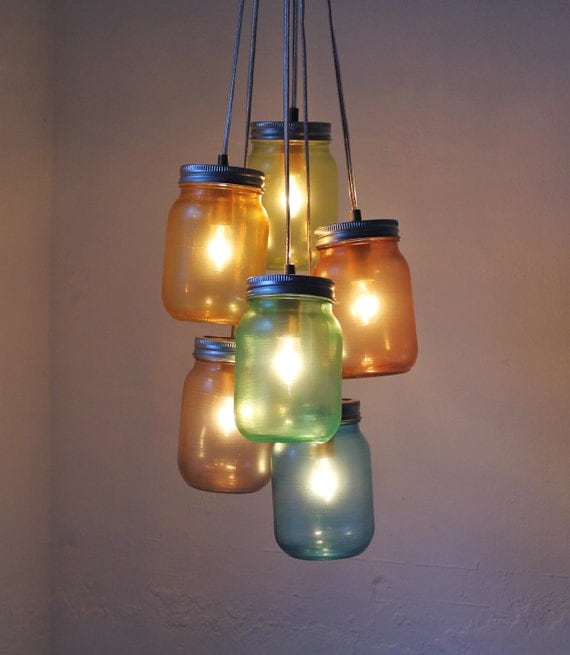 Over The Rainbow Mason Jar Chandelier - Modern Industrial Swag - Handcrafted UpCycled BootsNGus Hanging Pendant Lighting Fixture