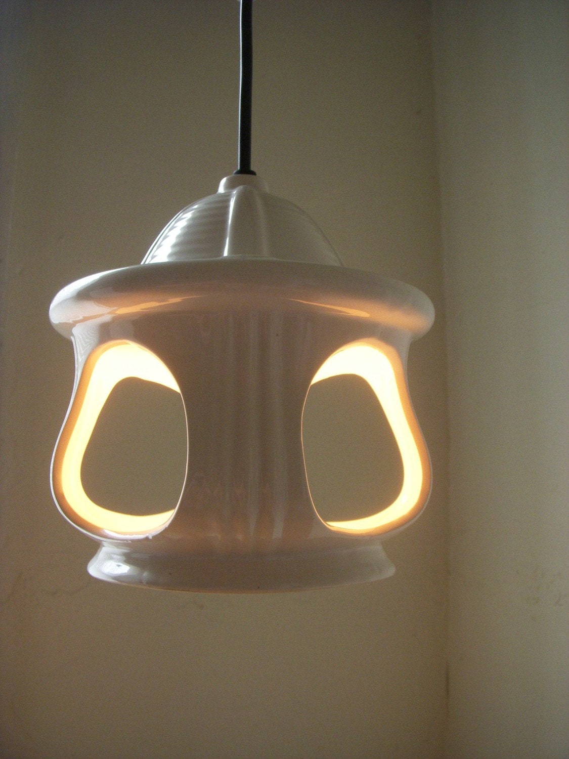 Contemporary CREAM Colored Ceramic Hanging Lighting Fixture - UpCycled Original BootsNGus OOAK Lamp Design Collection