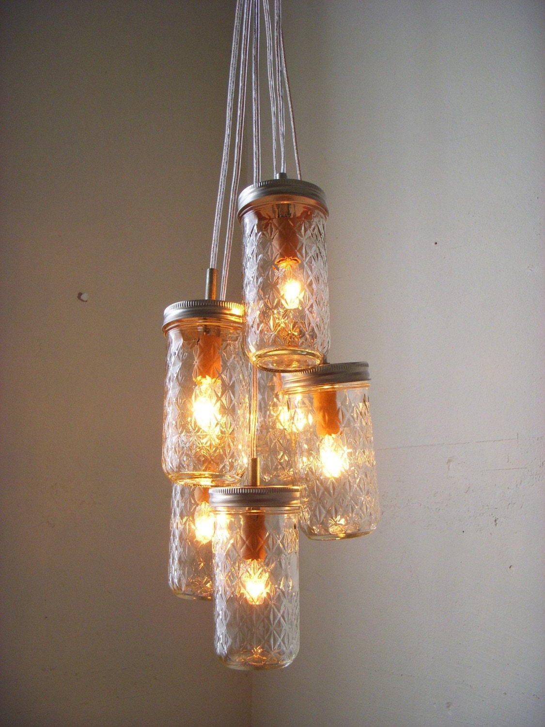 Dazzling Diamonds Mason Jar Chandelier - Mason Jar Light Pint Sized Quilted Ball Swag Light - Upcycled Rustic Eco Friendly BootsNGus Design