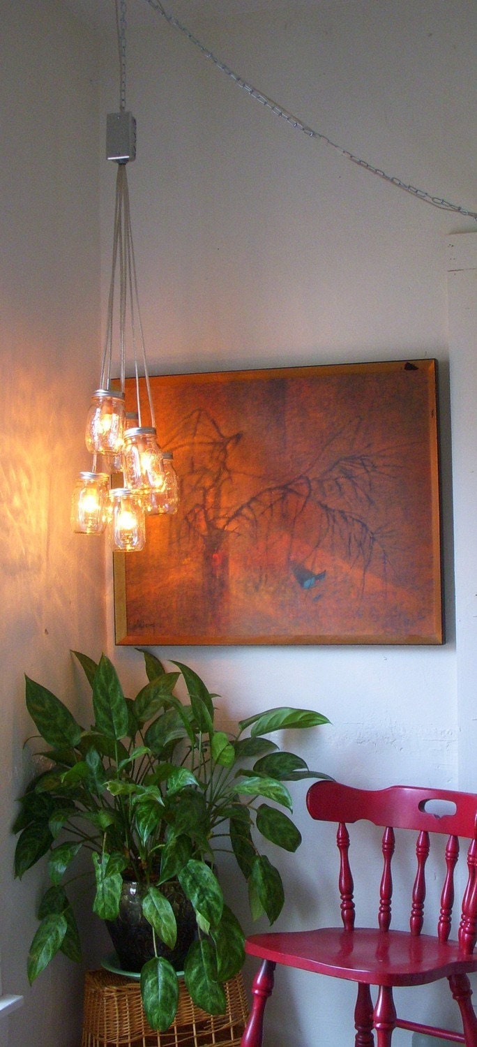 Mason Jar Chandelier - Mason Jar Light - Modern Industrial Ocean Sapphire - Handcrafted UpCycled BootsNGus Hanging Pendant Lighting Fixture