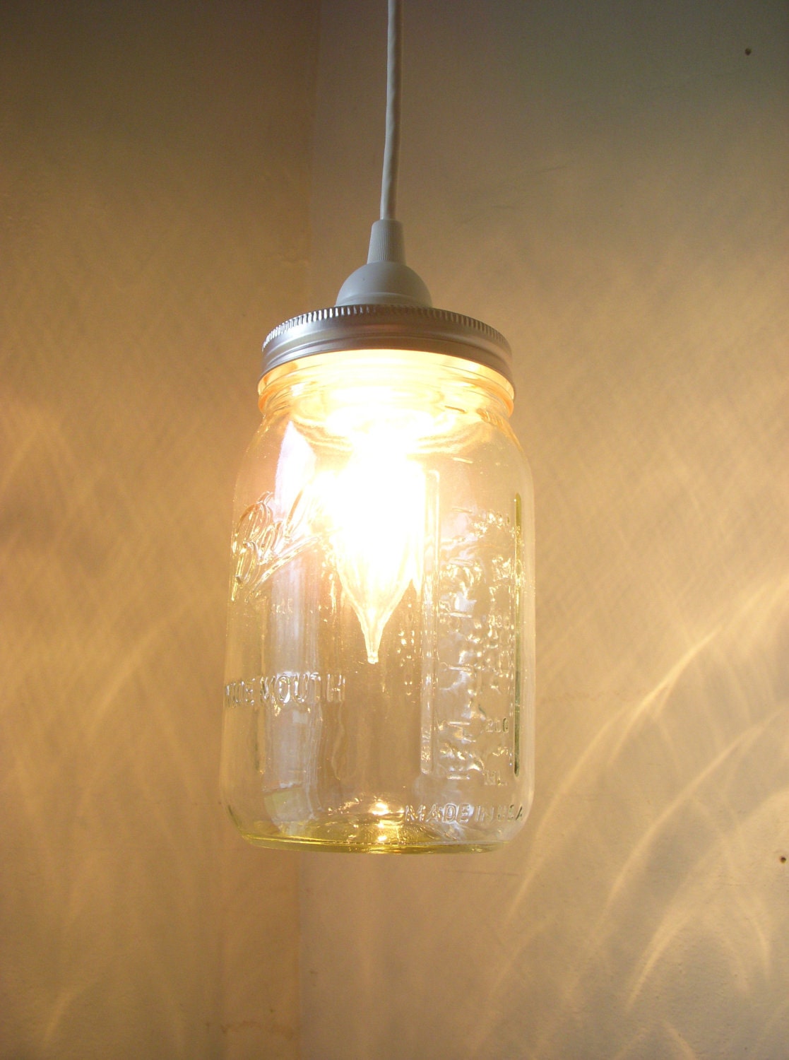 Mason Jar Lighting Hanging Pendant Clear Glass Quart Jar Light Fixture - Upcycled Rustic Wedding Party Lights BootsNGus Lamp Design