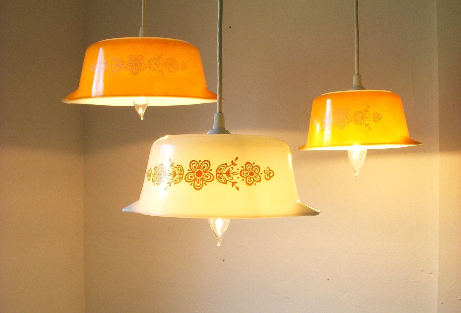 Summer Sunlight Butterfly Gold Pattern Pyrex Pendant Lights - UpCycled ReCycled Hanging Lighting Fixture - Set of 3 Reclaimed Mixing Bowl Light