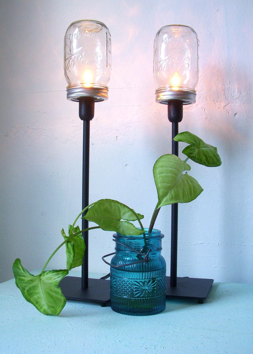 2 Mason Jar Table Lamps - Upcycled Lighting Fixtures - Mason Jar Lights - Industrial Modern Contemporary Home Decor - BootsNGus Lamp Design