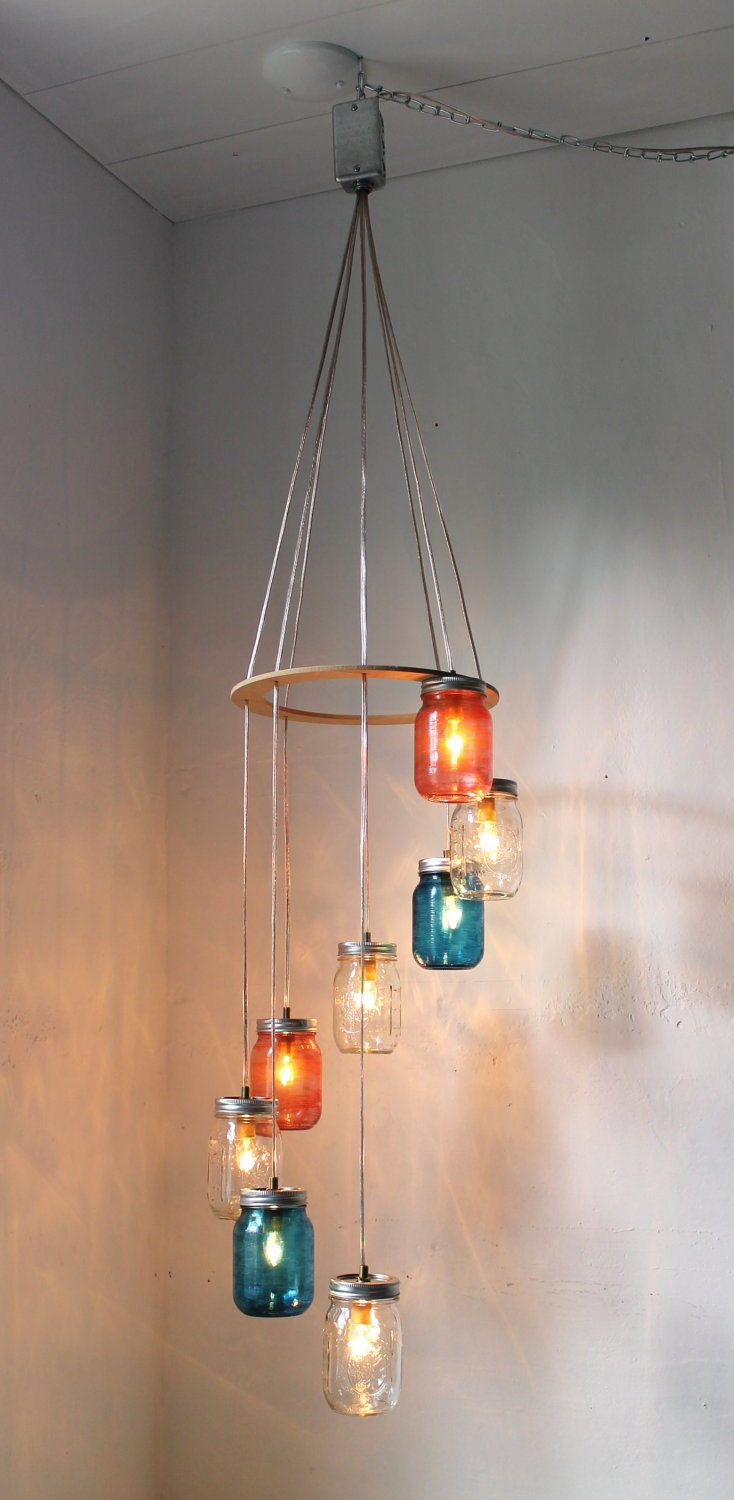 Red, White, Blue Mason Jar Lighting Chandelier Cascading Carousel Hanging Light - Rustic Industrial Eco Friendly Original BootsNGus Design