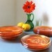 Orange Cranberry - Vintage CARNIVAL Glass Plate Set - 3 serving bowls - 5 dessert salad bread plates - 3 saucers coasters