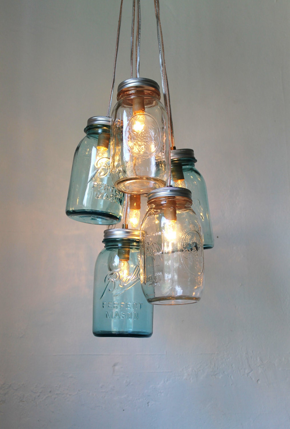 Mason Jar Chandelier - Mason Jar Light - Modern Industrial Ocean Sapphire - Handcrafted UpCycled BootsNGus Hanging Pendant Lighting Fixture