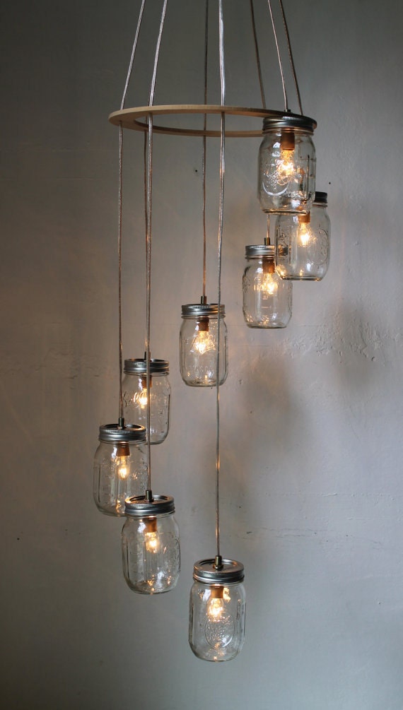 Spiral Carousel Mason Jar Chandelier - Mason Jar Lighting - Swag Lamp Handcrafted Upcycled BootsNGus Hanging Pendant Light Fixture