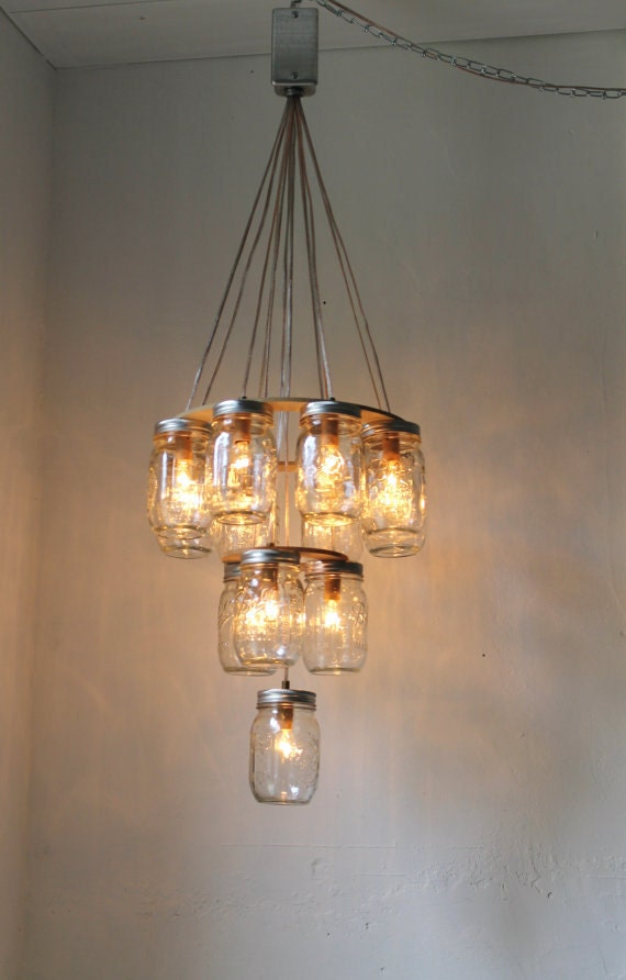 Reserved 4 GeorgiaGould - Mason Jar Lighting Hanging Swag Lamp 3 Tier Wedding Cake - Eco Friendly Original BootsNGus Design Mason Jar Lights