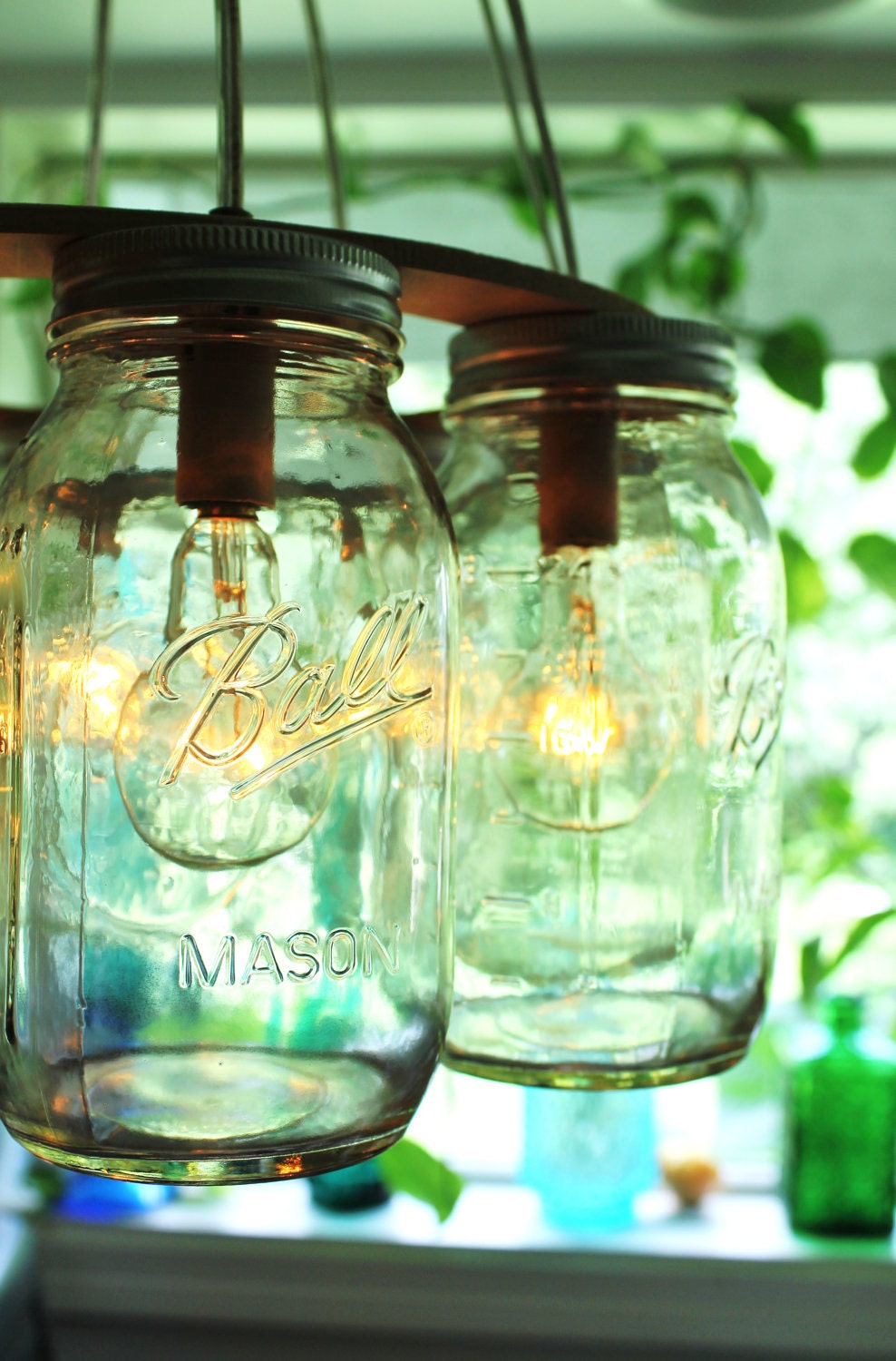 Mason Jar Chandelier - Mason Jar Light - WAGON WHEEL - Industrial Swag - Handcrafted Upcycled BootsNGus Hanging Pendant Lighting Fixture