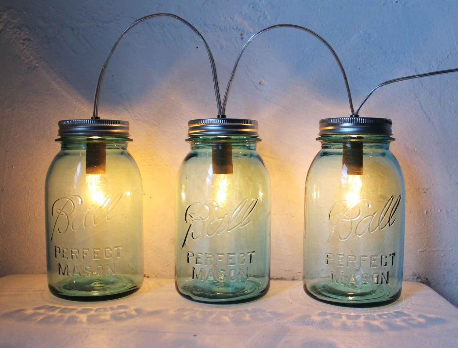 Sapphire Mason Jar Lights - Glass Banner Style - Modern Industrial Rustic Farmhouse - Handrcrafted Upcycled BootsNGus Lighting Fixture