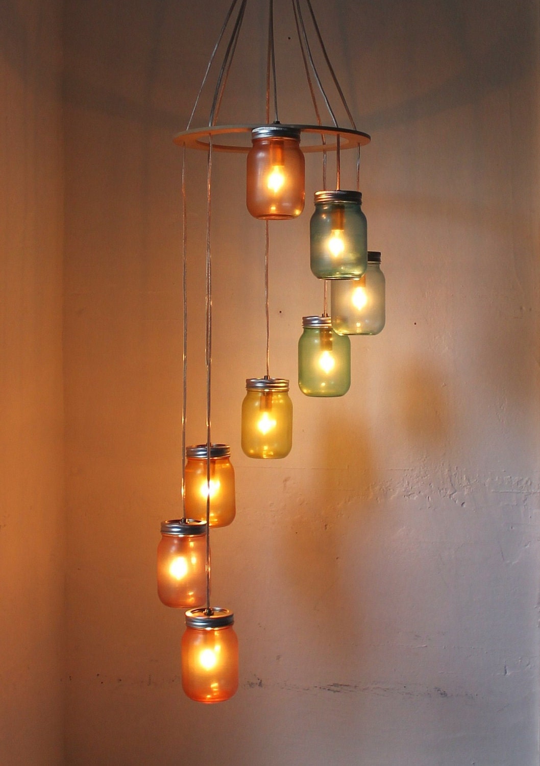 Rainbow Bright Mason Jar Chandelier - Mason Jar Lighting - Spiral Swag Lamp - Handcrafted Upcycled BootsNGus Hanging Pendant Light Fixture