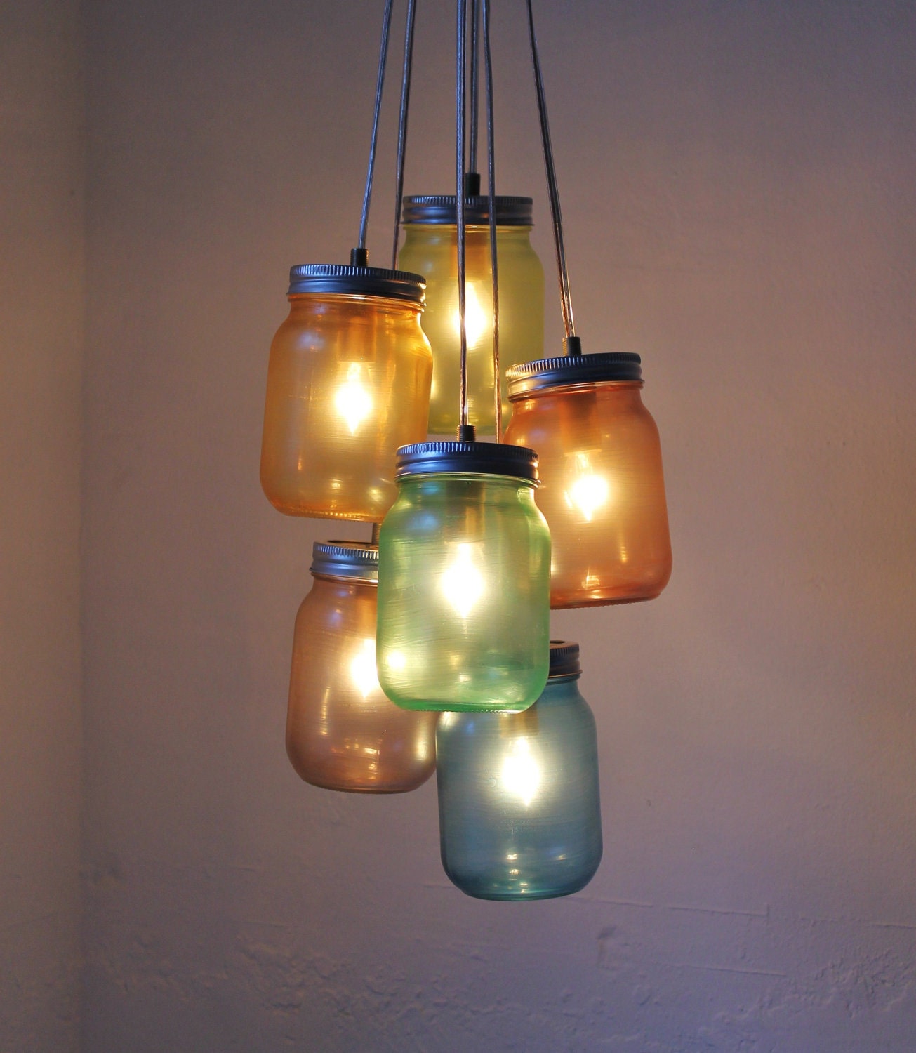 Over The Rainbow Mason Jar Chandelier - Modern Industrial Swag - Handcrafted UpCycled BootsNGus Hanging Pendant Lighting Fixture