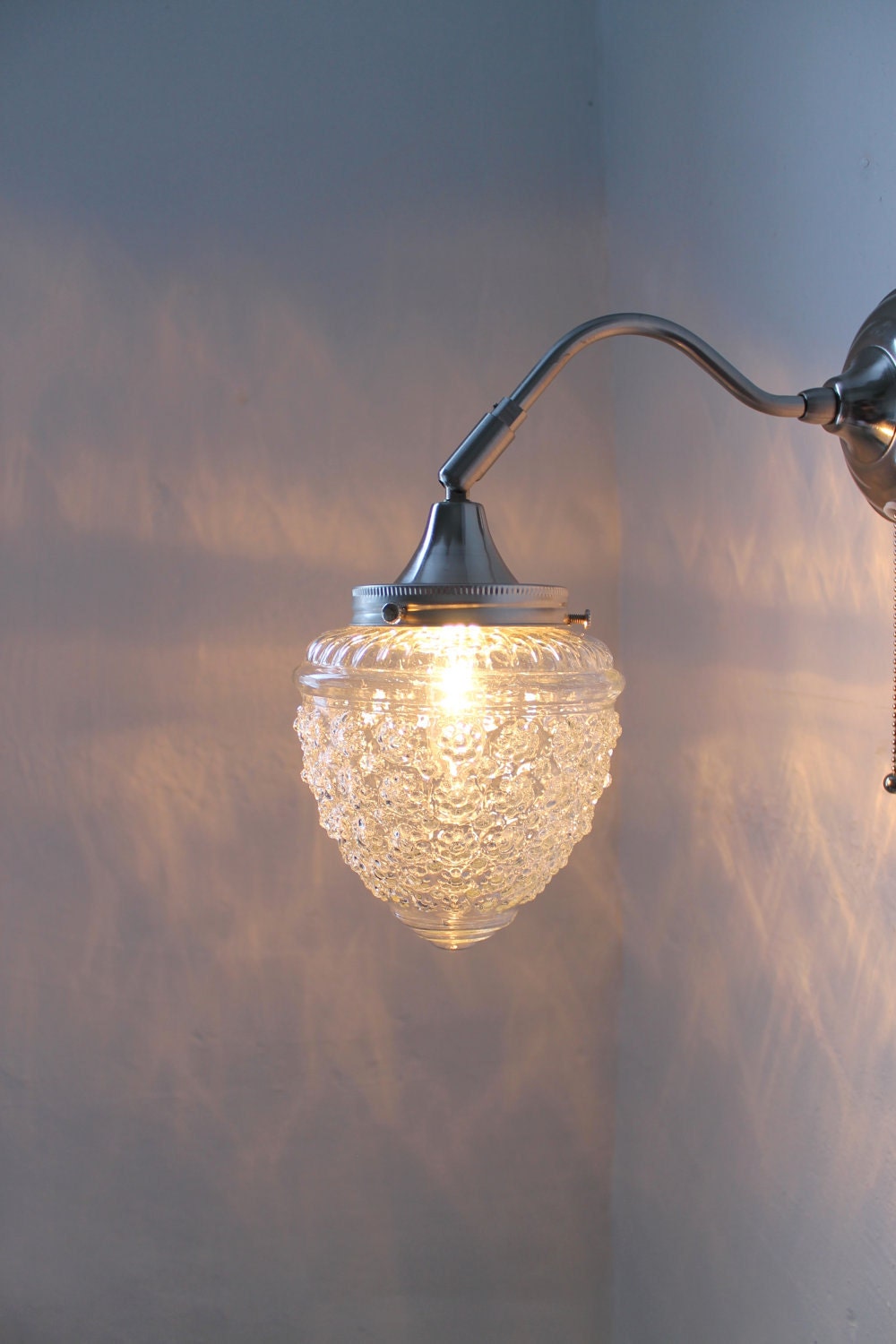 Sparkling Winters Ice  - Stainless Steel Gooseneck Wall Sconce - Oak Tree Acorn Textured Shade - UpCycled BootsNGus Lighting Fixture