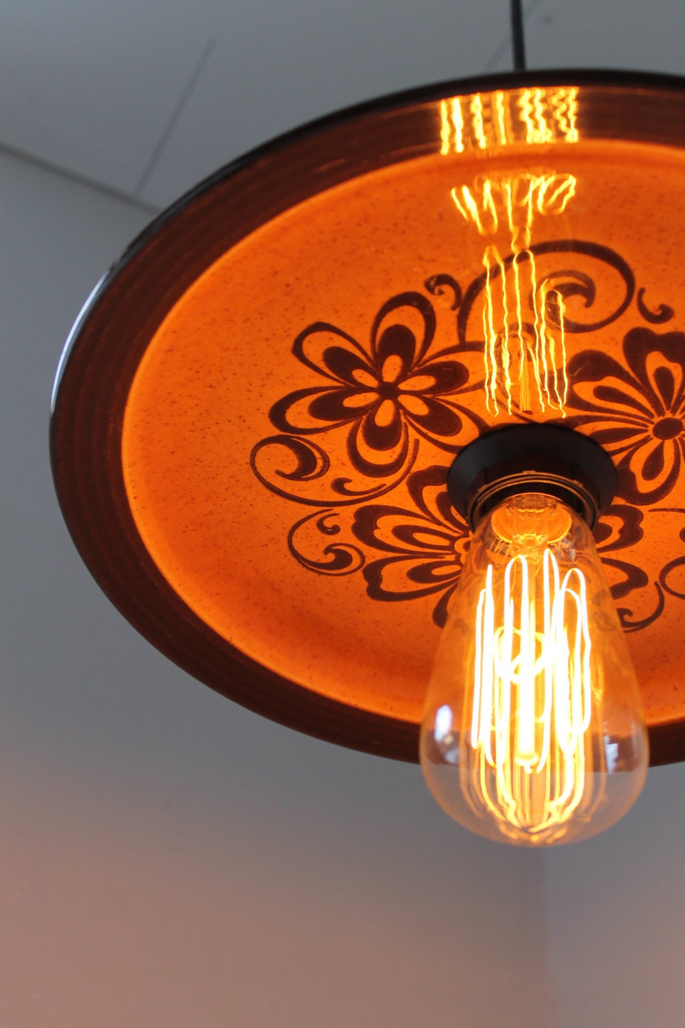Hazelnut Halo - Vintage Ceramic Groovy Daisies Hanging Pendant Platter Light - OOAK UpCycled Shade - BootsNGus Lighting Fixture