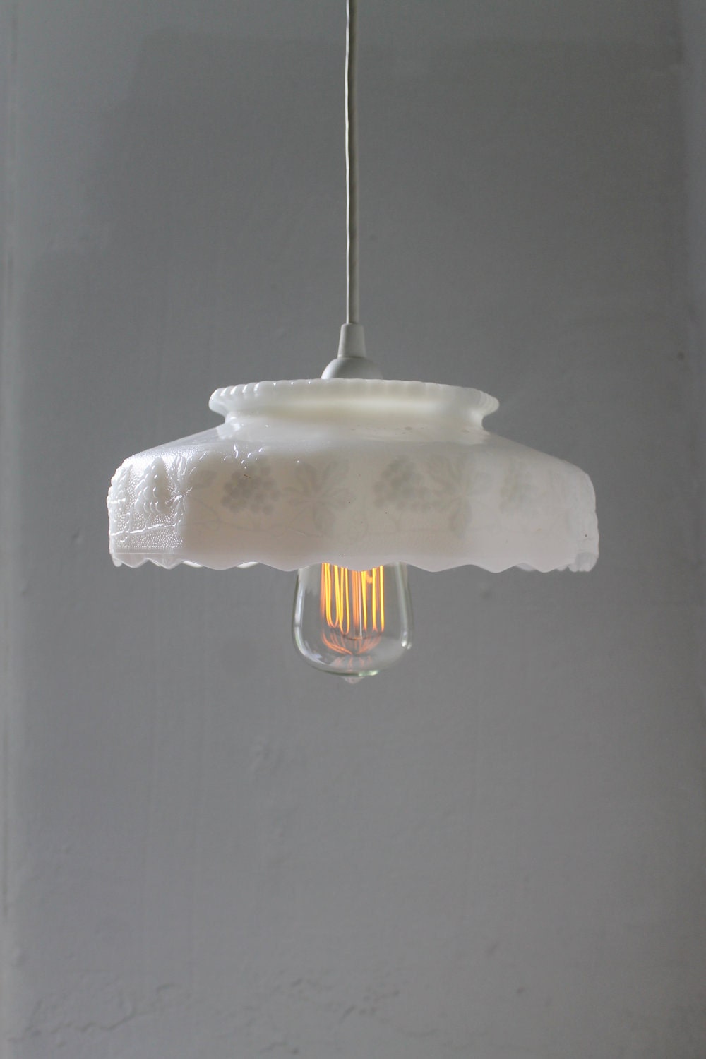 Cloud - Upcycled Vintage Anchor Hocking Fire King White Milk Glass Fruit Bowl Hanging Pendant Light - OOAK BootsNGus Lamp Lighting Fixture