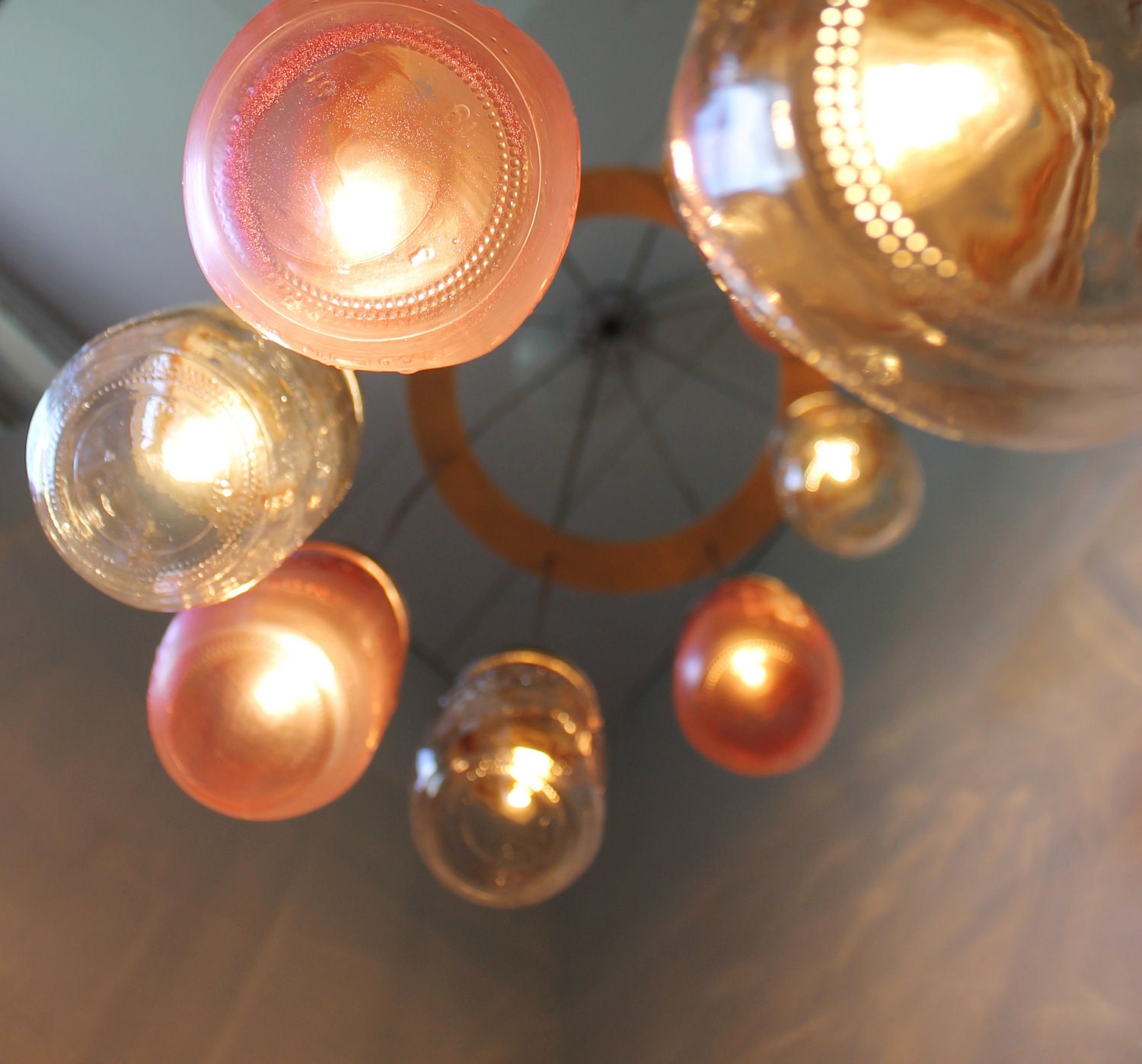 Pretty in Pink - Mason Jar Chandelier Hanging Light Fixture - Spiral Waterfall Rustic Mason Jar Wedding Lighting - BootsNGus Lamp Design