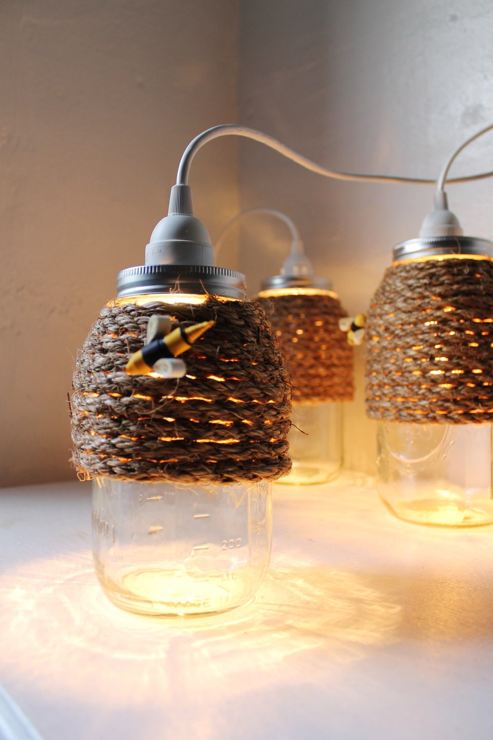 The Hive - Quart Size Mason Jar Pendant Light - UpCycled Handcrafted BootsNGus Lighting Fixture Wrapped in Rope Design