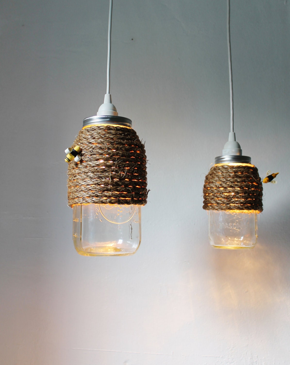 The Hive - Set of 3 - Half Gallon Quart Sized Mason Jar Pendant Lights - UpCycled Handcrafted BootsNGus Lighting Fixture Wrapped in Rope