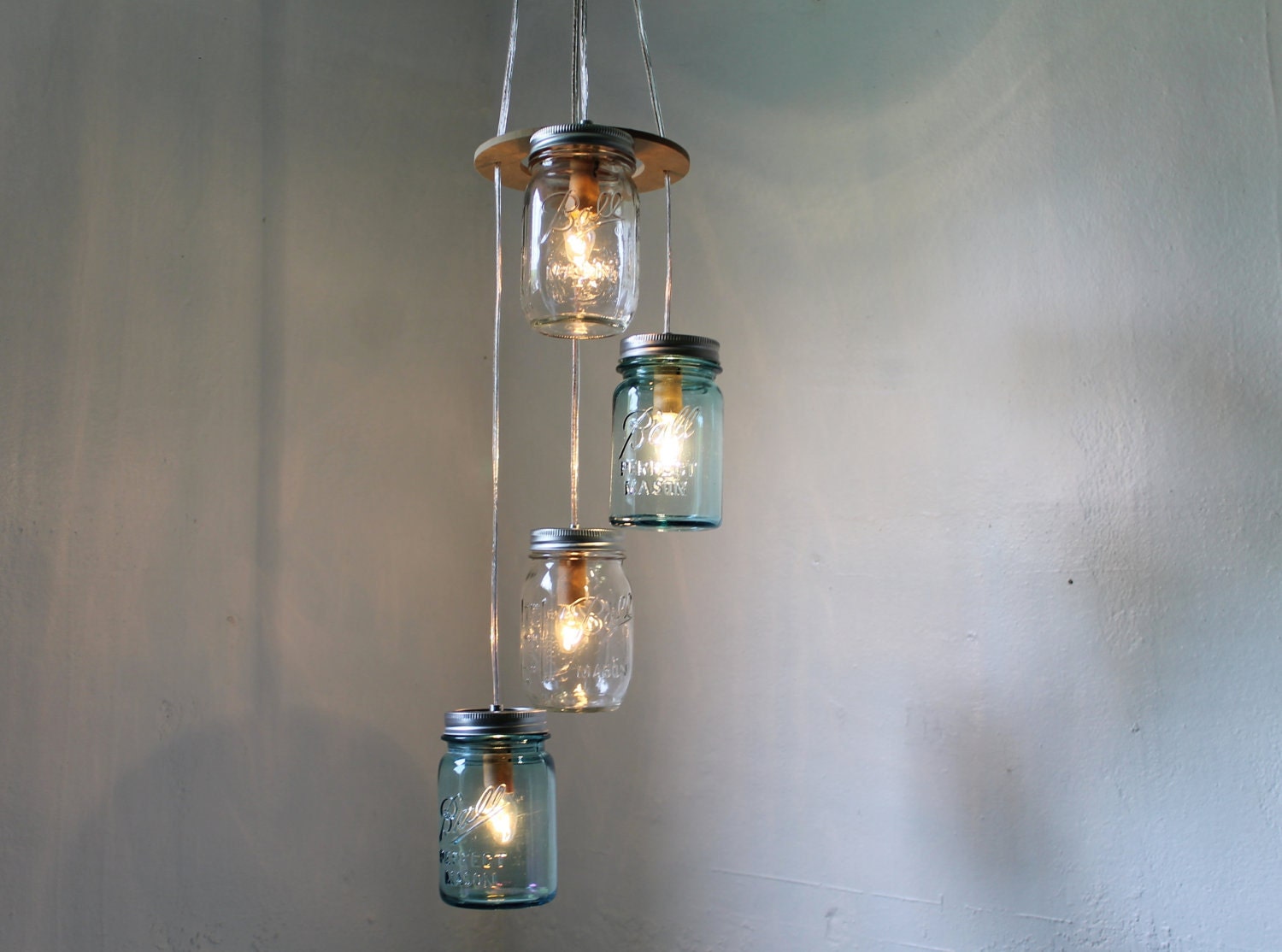 Ocean Breeze - Mason Jar Chandelier - Spiral Cascading Waterfall Hanging Mason Jar Lighting Fixture - Upcycled BootsNGus Lamp Design