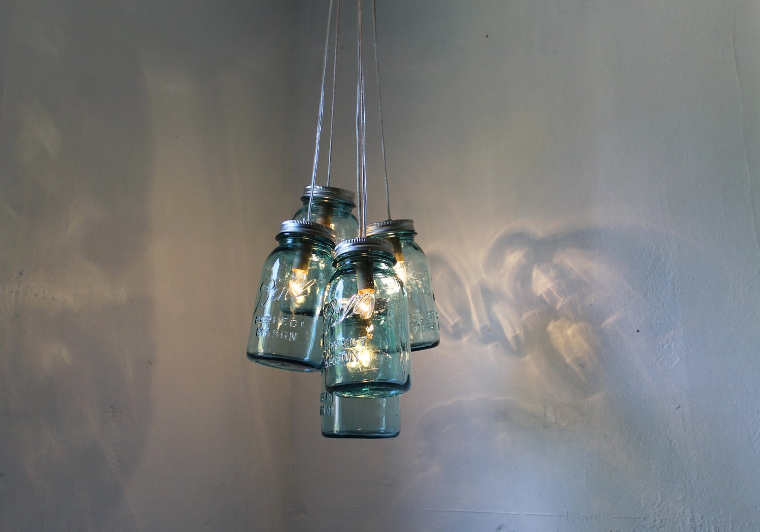 Summer Cottage BLUE Mason Jar Chandelier - 5 antique aqua BALL mason jars upcycled into a hanging pendant lighting fixture - BootsNGus Lamps