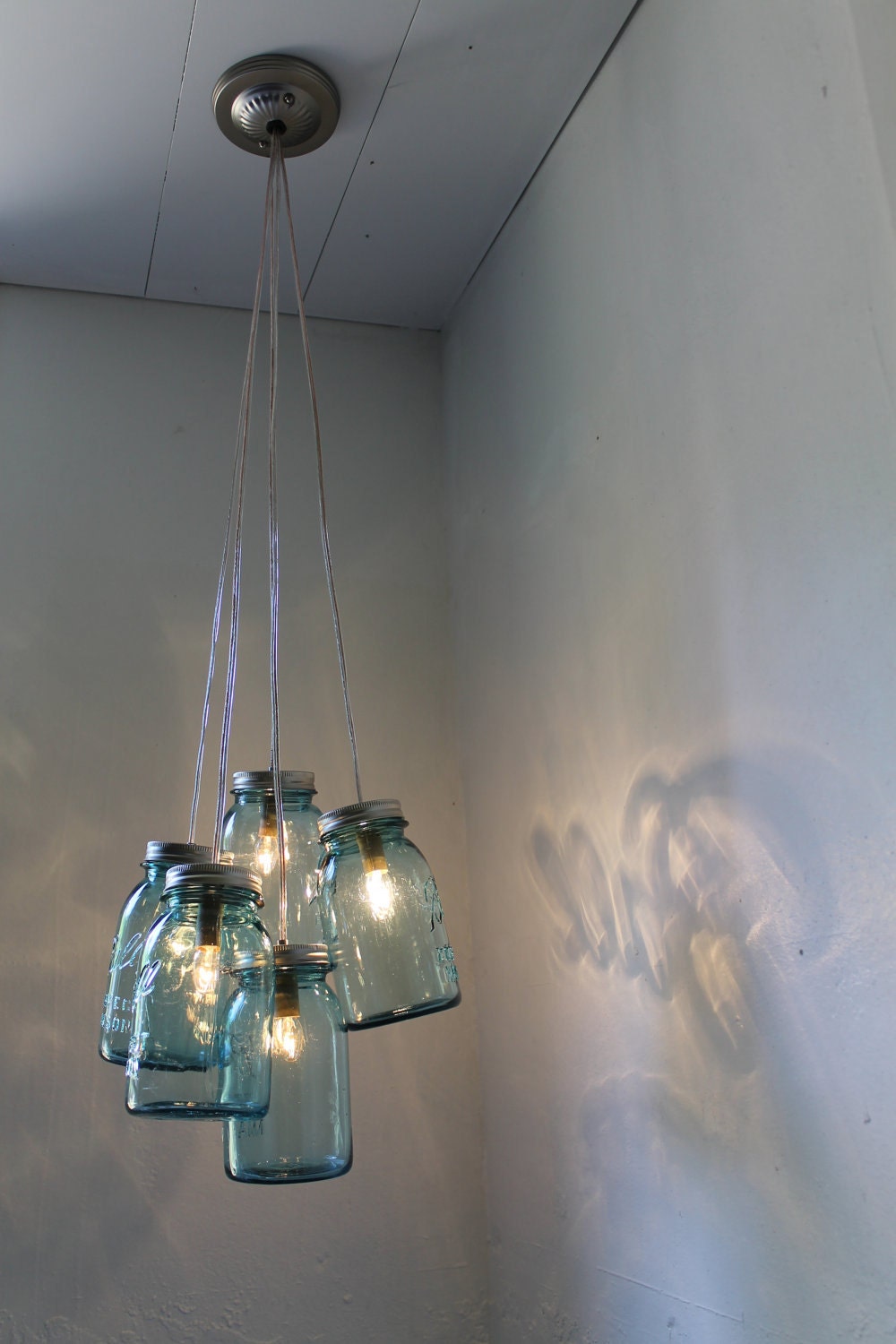 Summer Cottage BLUE Mason Jar Chandelier - 5 antique aqua BALL mason jars upcycled into a hanging pendant lighting fixture - BootsNGus Lamps