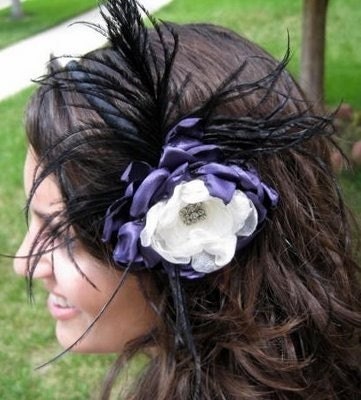 Hong GOSSIP GIRL STYLE Deep Plum Purple Satin and Cream Organza Ostrich Feathers Fascinator Headband
