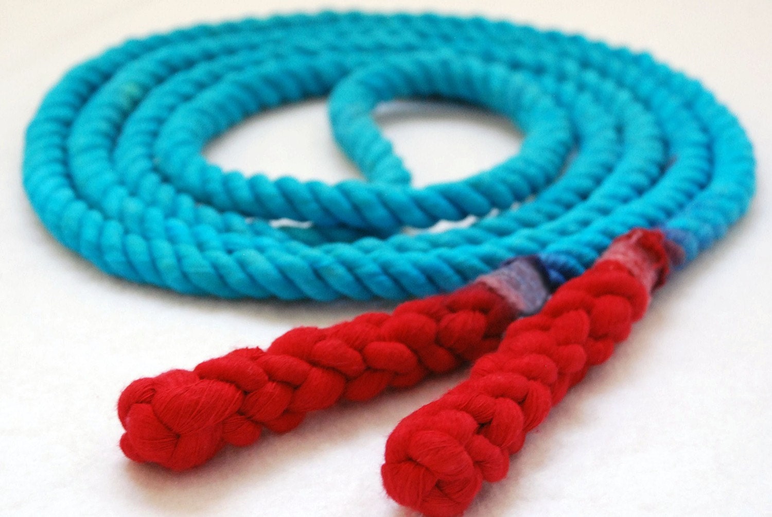 8-ft Single Jump Rope, All Cotton, Hand-Spliced, Turquoise & Red