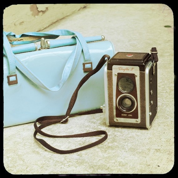 Fine art ttv print, blue vintage purse, Kodak Duaflex camera, 8x8 photograph