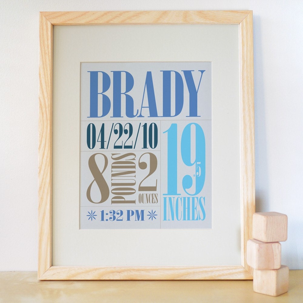 Personalized Baby Art, Kids Wall Art, Wall Decor for Baby Nursery. 8x10 Custom Birth Print - Pool Blue/Brown