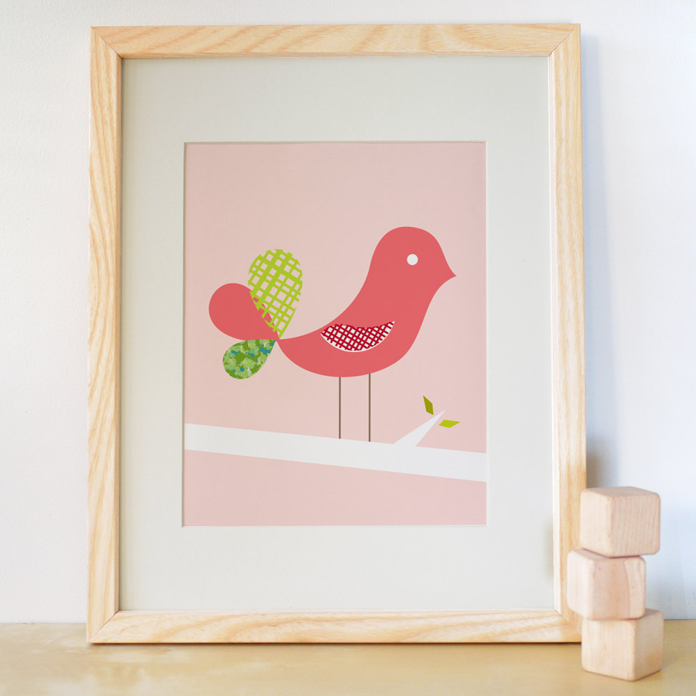 8x10 Fancy Bird - Strawberry - Bird kids wall art print for nursery and children's room