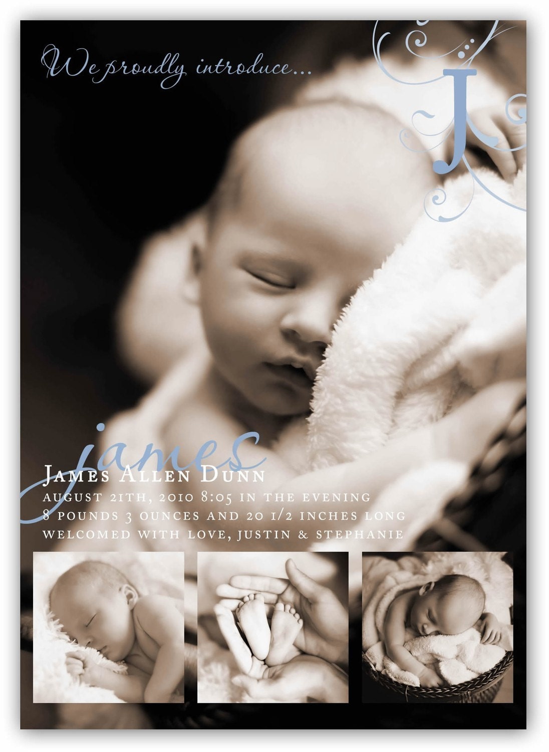 Baby Boy or Girl Customizable four picture fancy Birth (4x6 or 5x7) Announcement Photo Card Design