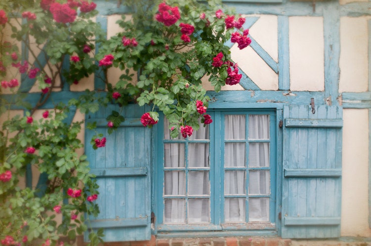 French Country Photo - Blue Shutters and Roses on Cottage Window, Picardy, France, Home Decor