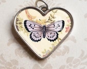 Lavender Butterfly Valentine Heart Pendant - Antiqued Silver with Vintage Art and Flowers - Heart Charm - Resin Heart Jewelry