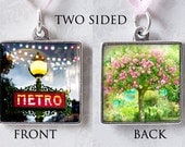 Paris Metro Photo Pendant - Two Sided Charm - Rose Photo Gift Pendant - Monets Garden, Giverny - Wearable Art Charm - Antiqued Silver