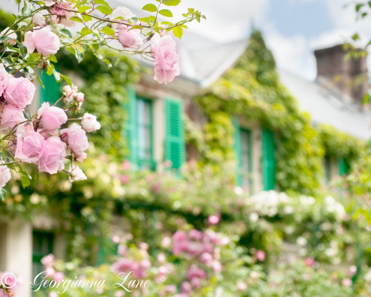 France Photo - Monet's House, Giverny, Roses, Maison, Teal Shutters, Romantic Floral Fine Art Travel Photograph