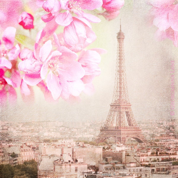 Paris Photograph - Paris Spring Pink - Eiffel Tower with Cherry Blossoms, Urban Home Decor, Wall Art