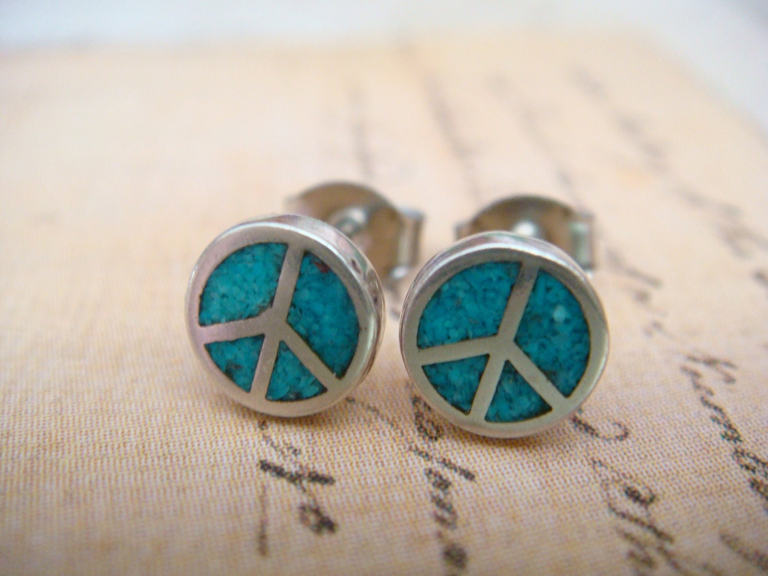 Mini Turquoise Peace Sign - Sterling Silver Post Earrings