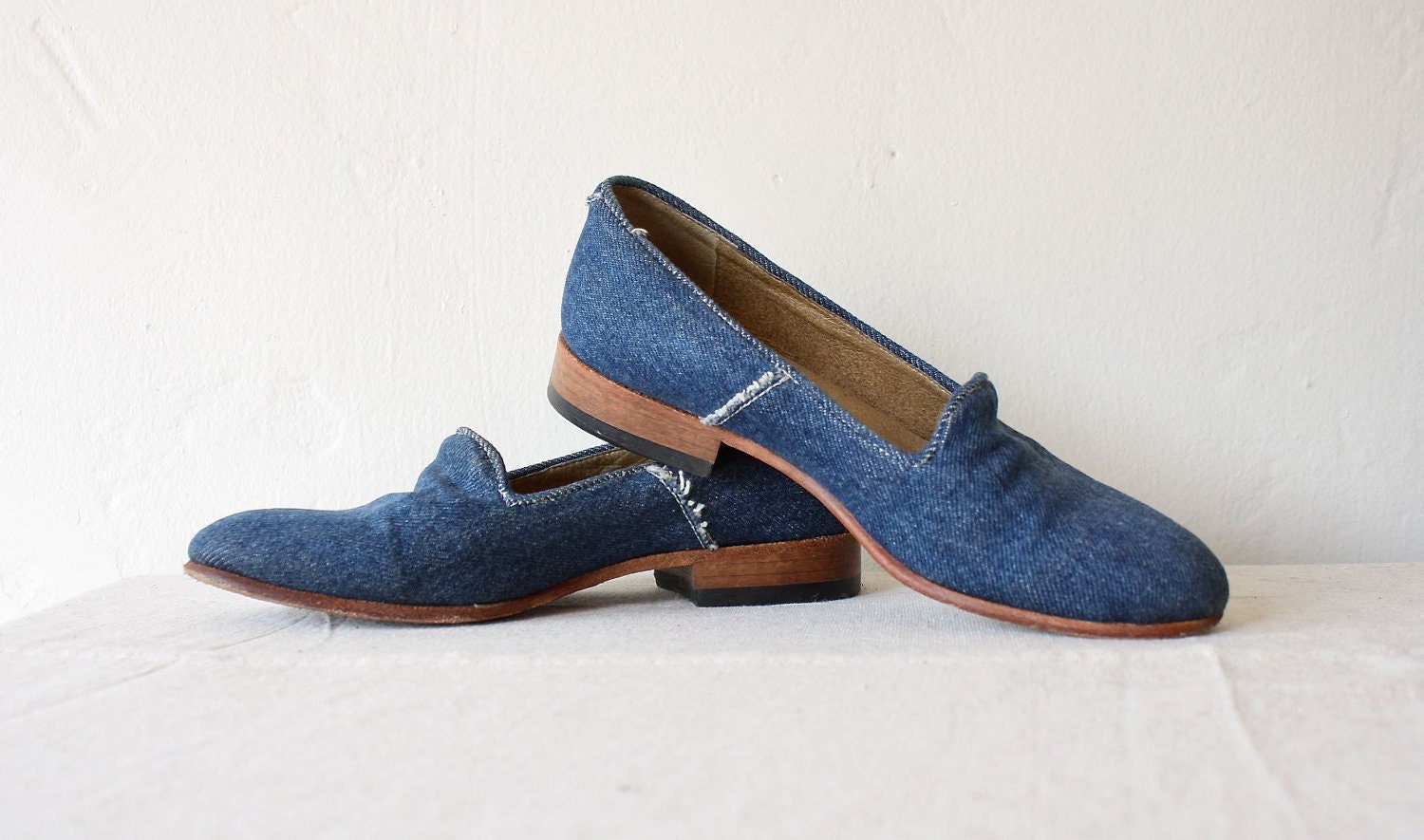 distressed denim loafers by Dieppa Restrepo . size 6 stacked wood heels