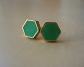 kelly green mini brass hexagon stud earrings