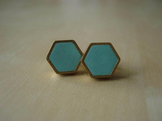 robin's egg mini brass hexagon stud earrings img