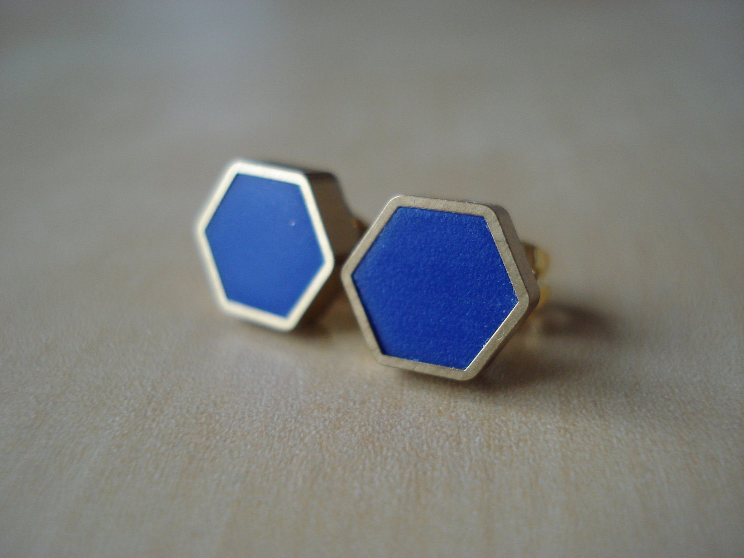 royal blue mini brass hexagon stud earrings img