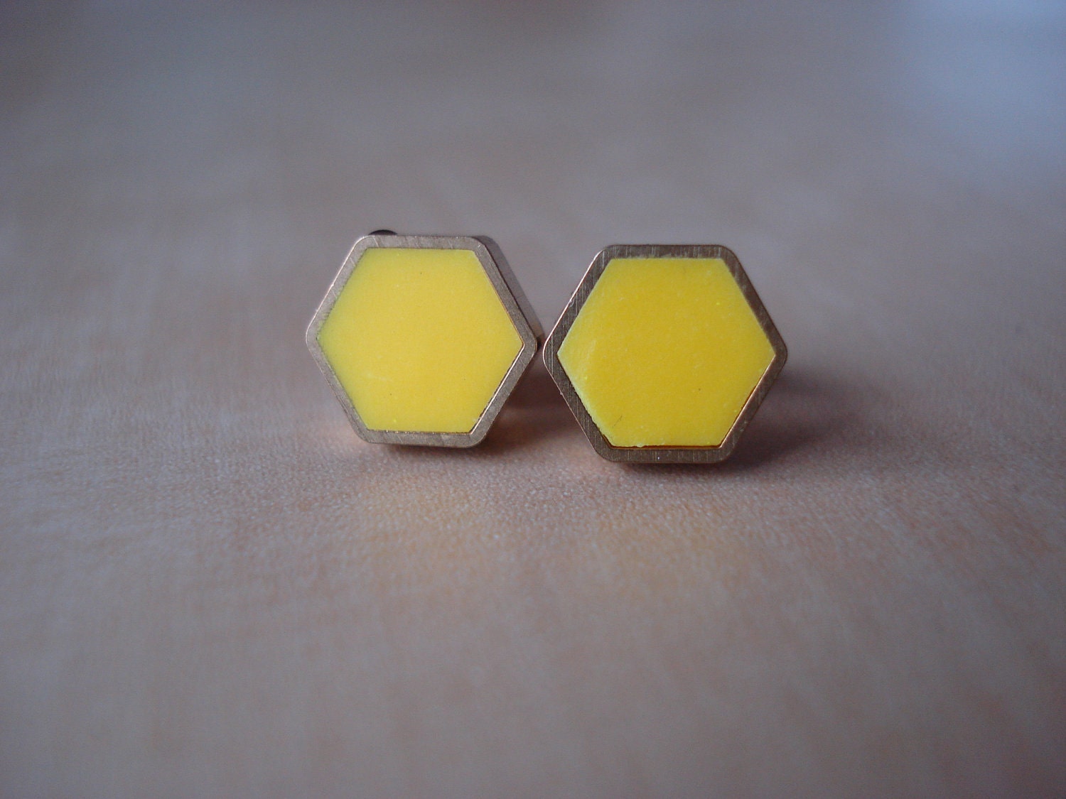 canary yellow mini brass hexagon stud earrings img