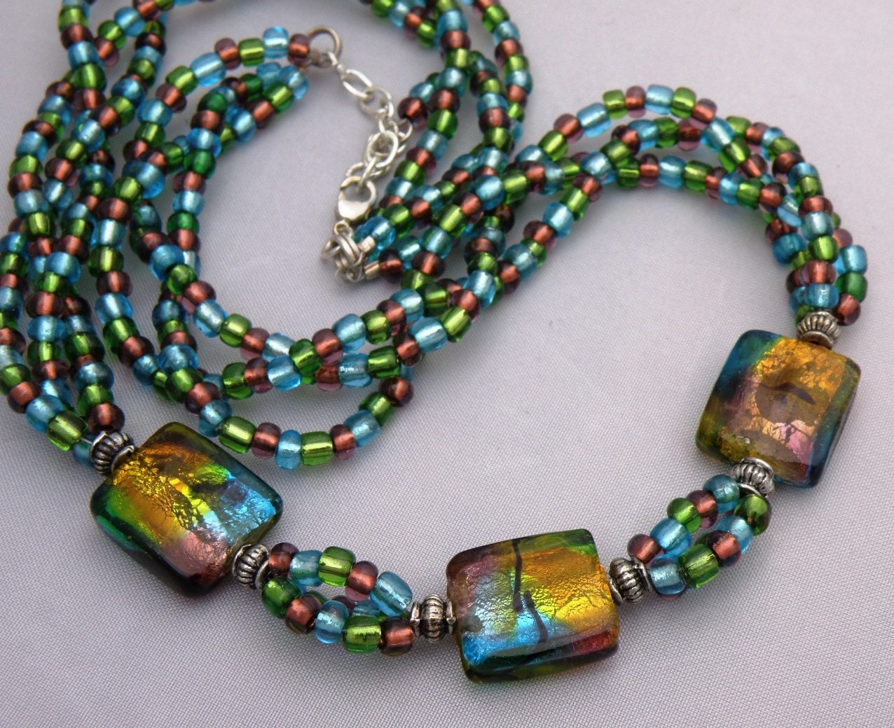 Aurora - Teal Amethyst Lime and BlackGlass Foil Beaded Multi-Layer Necklace