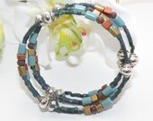 Turquoise Copper and Brown with Accent Silver Beads Memory Wire Bracelet