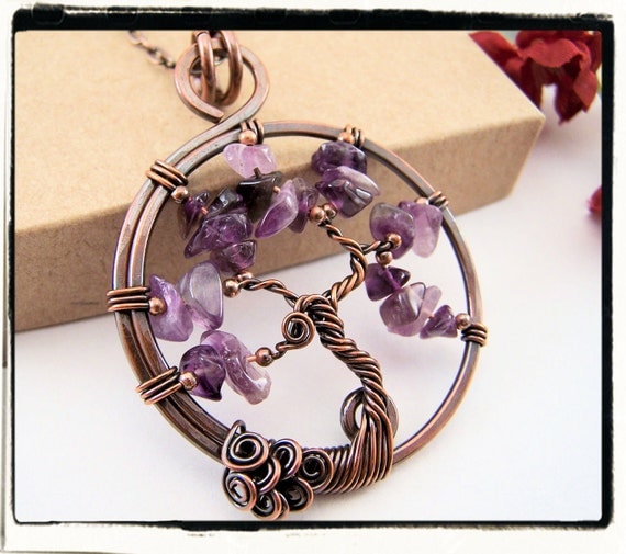 025 Purple Amethyst Sled Tree of Life Pendant Antique Copper no Chain